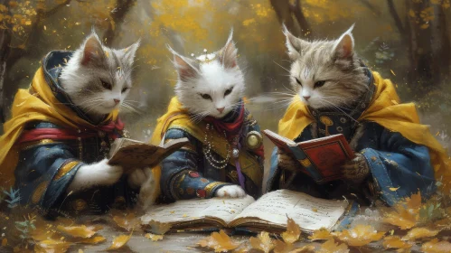 Enchanting Cats in Wizard Robes Reading Books in Forest