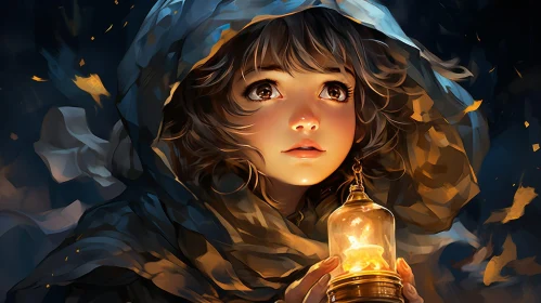 Enchanting Young Girl Portrait with Lantern in Fantasy Setting