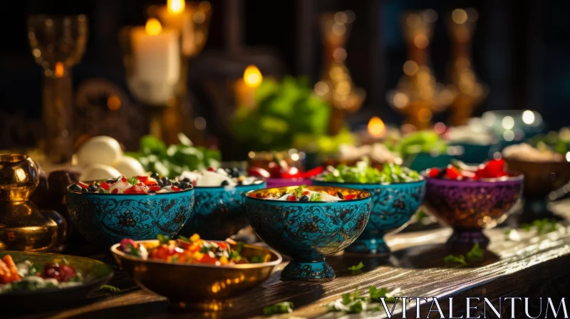Exotic Banquet Table Arrangement in Dark Cyan and Gold AI Image