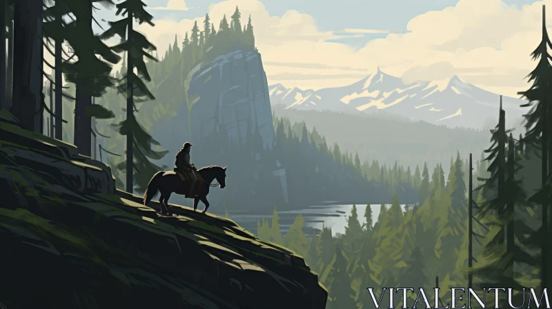 Man Riding Horse in Mountain Valley - Digital Painting AI Image