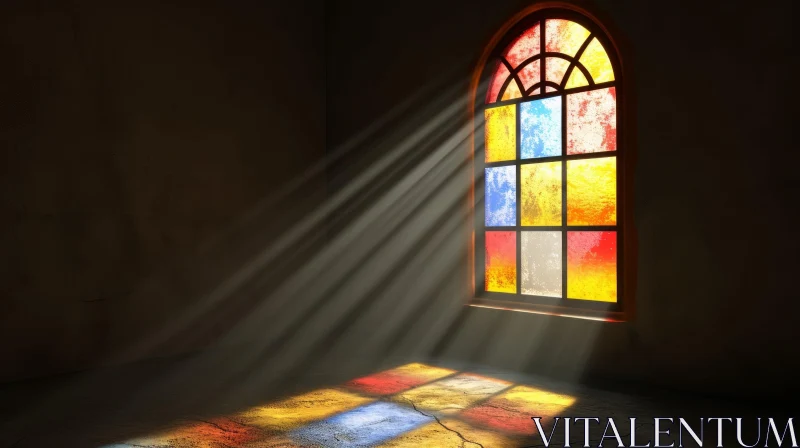 Mysterious Stained Glass Window in Dimly Lit Room AI Image