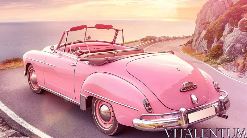 Pink Retro Car Driving Along Sea Coast at Sunset AI Image