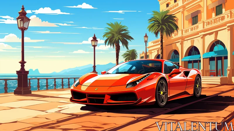 AI ART Red Ferrari 488 GTB Sports Car on Waterfront Promenade