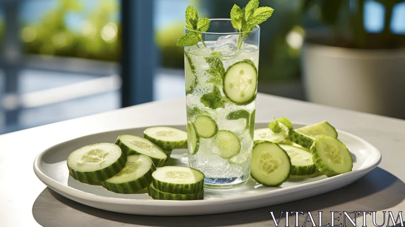 Refreshing Cucumber and Mint-infused Water Glass AI Image