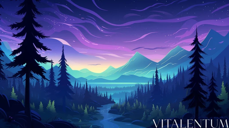 Serene Night Landscape with Snow-Covered Mountains and Forest AI Image