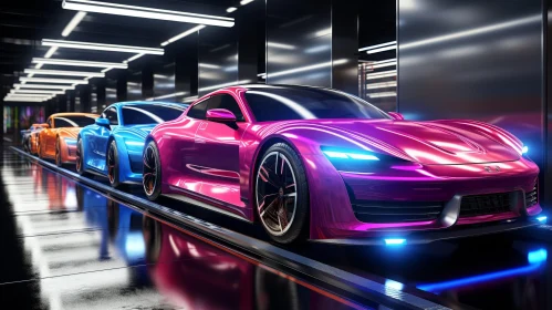 Sleek Futuristic Car in Colorful Showroom