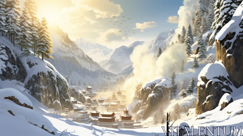 Snowy Mountain Village Landscape AI Image