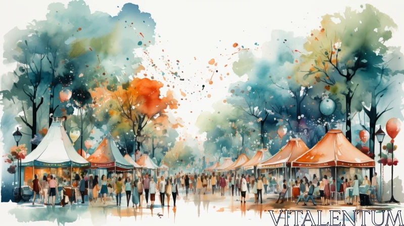 Street Market Watercolor Painting in Park AI Image