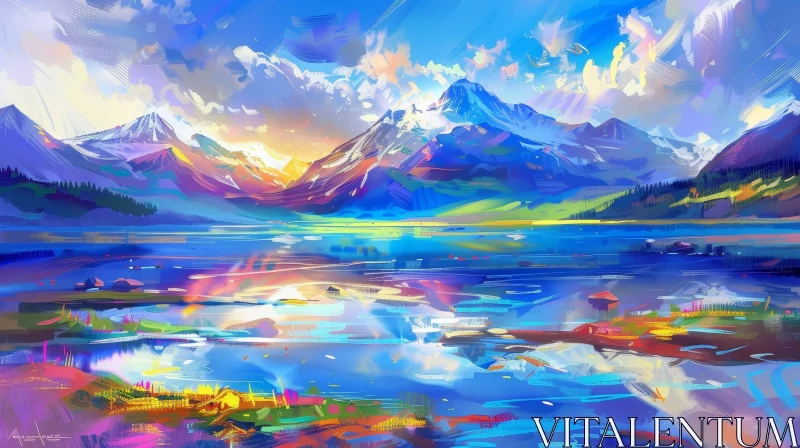 Tranquil Mountain Landscape Painting AI Image