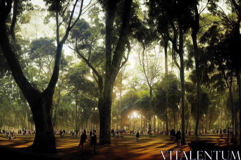 Tranquil Nature Scene: People Walking in a Park with Majestic Trees AI Image