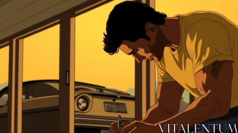 Animated Film Scene: Man Working on Car in Garage AI Image
