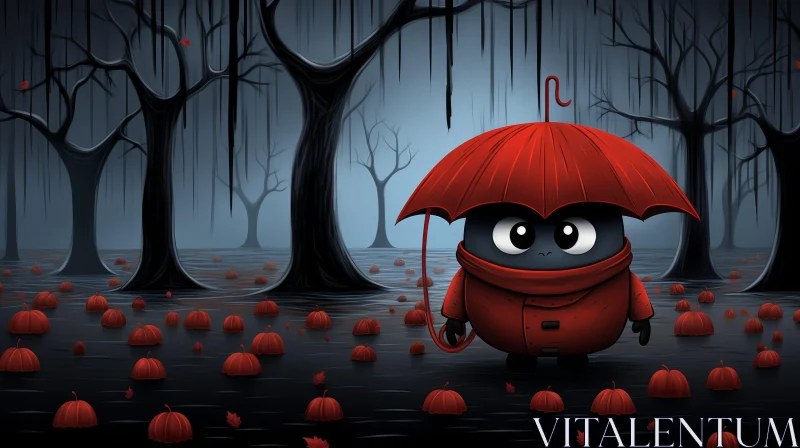 Black Creature in Dark Forest with Red Umbrella AI Image