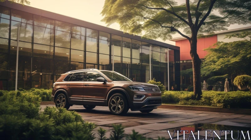 Brown Volkswagen Teramont SUV at Modern Office Building AI Image