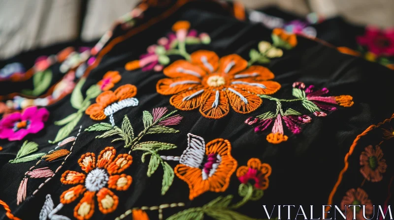 Colorful Floral Embroidery on Black Background AI Image