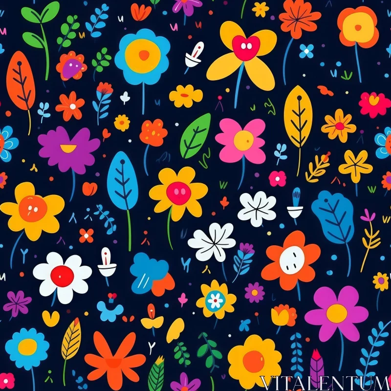 Colorful Flowers & Leaves Pattern on Dark Blue Background AI Image