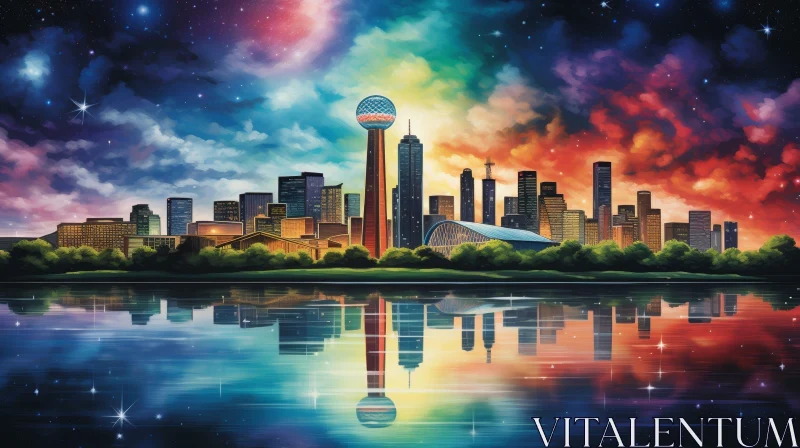 AI ART Dallas Skyline Night Painting - City Lights Reflection