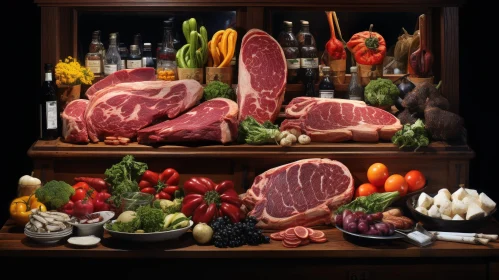 Delicious Still Life Composition of Meats, Fruits, and Vegetables