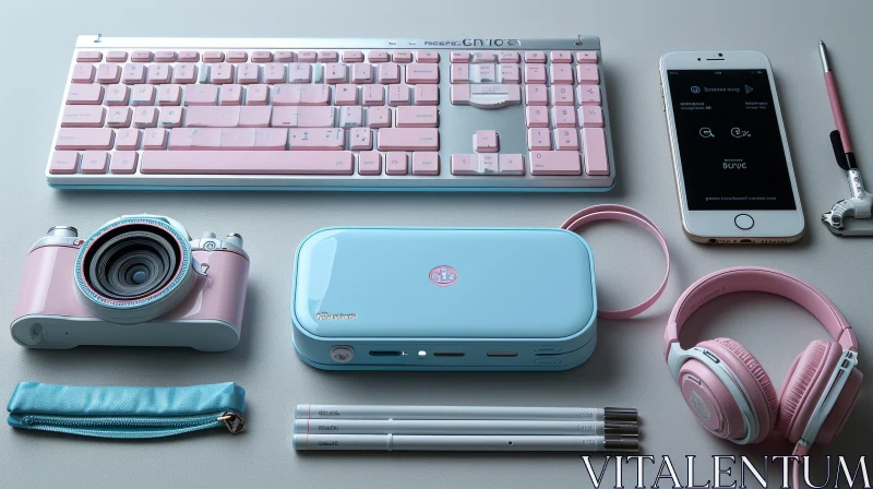 Elegant Flat Lay Composition of Pink and Blue Computer Accessories AI Image