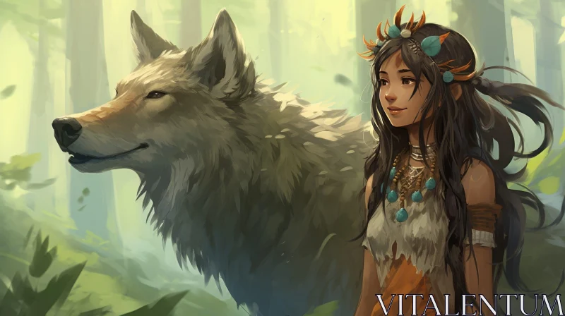 Enchanting Digital Fantasy Artwork of Woman and Wolf AI Image