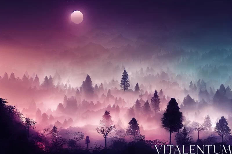 Enchanting Purple Trees in Mist: Captivating Night Scene AI Image
