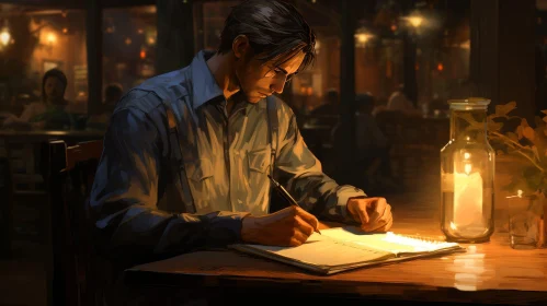 Enigmatic Scene: Man Writing at Table with Candlelight
