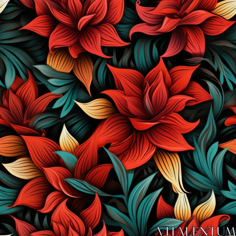 Floral Pattern in Red, Orange, Yellow on Black Background AI Image