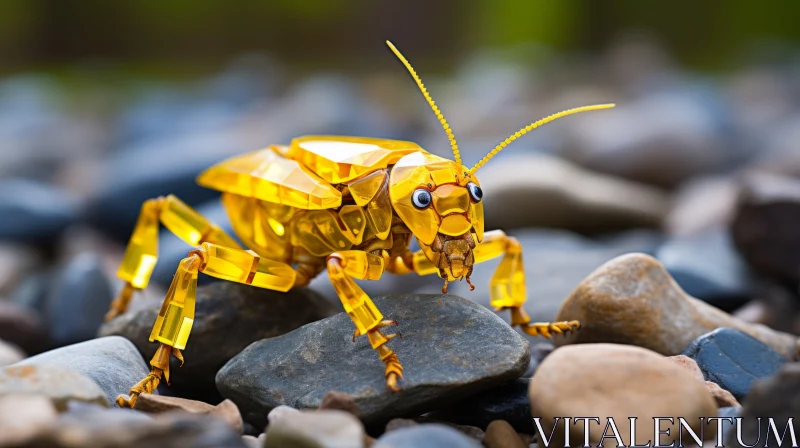Golden Geometric Bug on Rocky Terrain - A Surreal Artistic Depiction AI Image