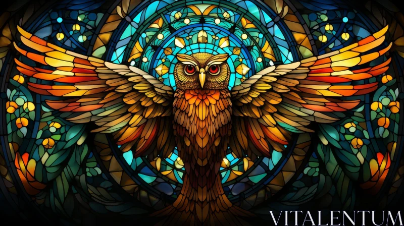 AI ART Golden Stained Glass Owl with Outstretched Wings