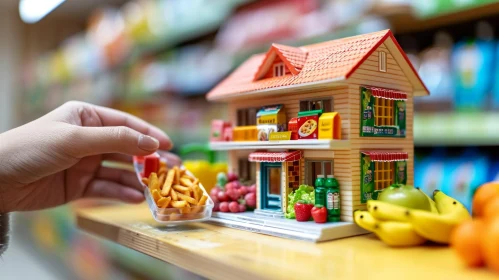 Hand Holding Plastic Container with French Fries in Front of Miniature Grocery Store