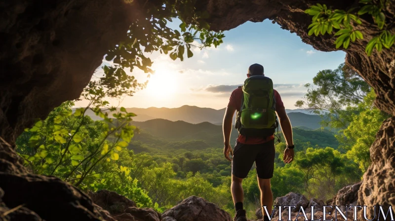 Man at Sunset in Front of Mysterious Cave AI Image