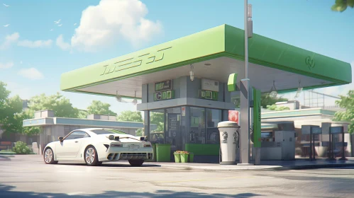 Modern Gas Station with White Sports Car