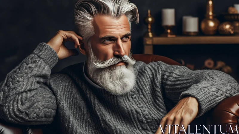 Pensive Older Man in Gray Sweater - Portrait Photo AI Image