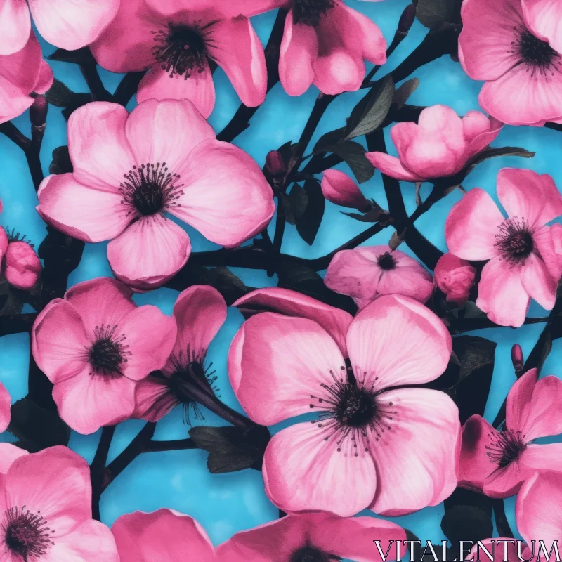 Pink Cherry Blossom Seamless Pattern on Blue Background AI Image