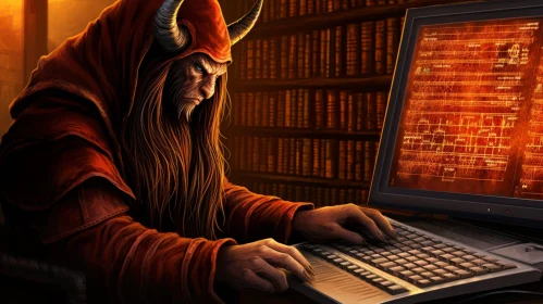 Red Demon in Dark Room Typing on Keyboard