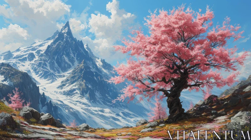 Serene Cherry Blossom Tree Landscape AI Image