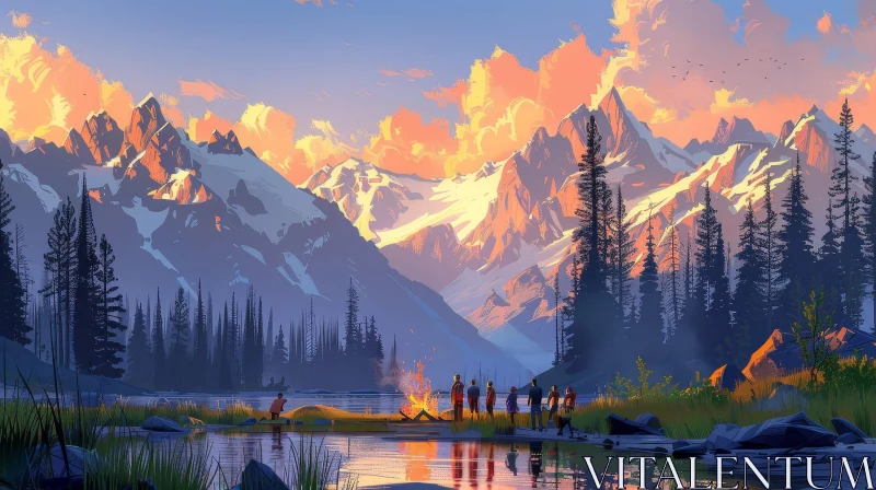 Serene Mountain Camping Landscape Painting AI Image