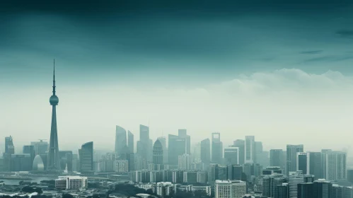 Smog-Covered Modern City Skyline with Oriental Pearl Tower