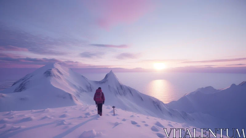 Snowy Mountain Sunset Over Ocean AI Image