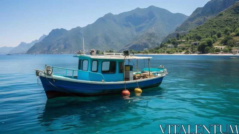 Tranquil Fishing Boat in Calm Sea with Mountainous Coastline AI Image