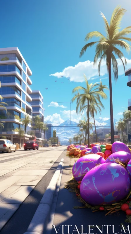Tropical Cityscape with Easter Eggs - Anime and Reefwave Inspired Art AI Image