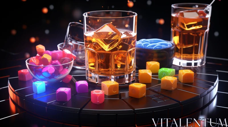 AI ART Whiskey Glass and Multicolored Dice on Black Marble Table