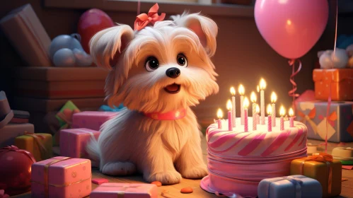 White Dog with Pink Bow Birthday Cake Celebration