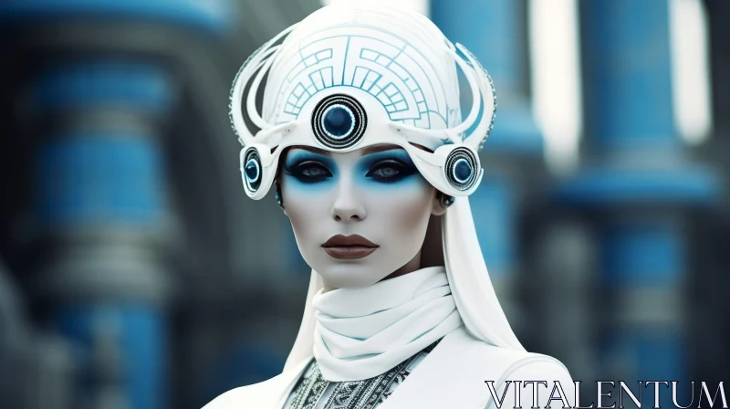 AI ART White Futuristic Helmet Woman Blue Background