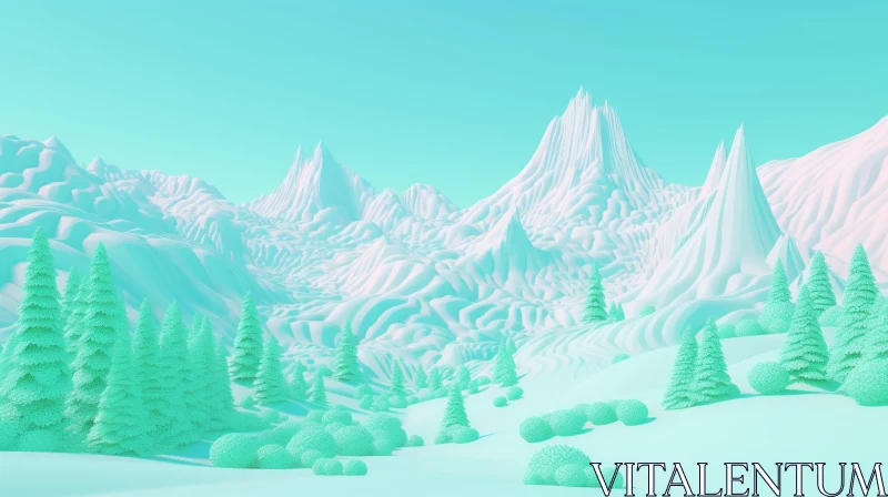 AI ART Winter Valley 3D Rendering - Snowy Mountains Landscape