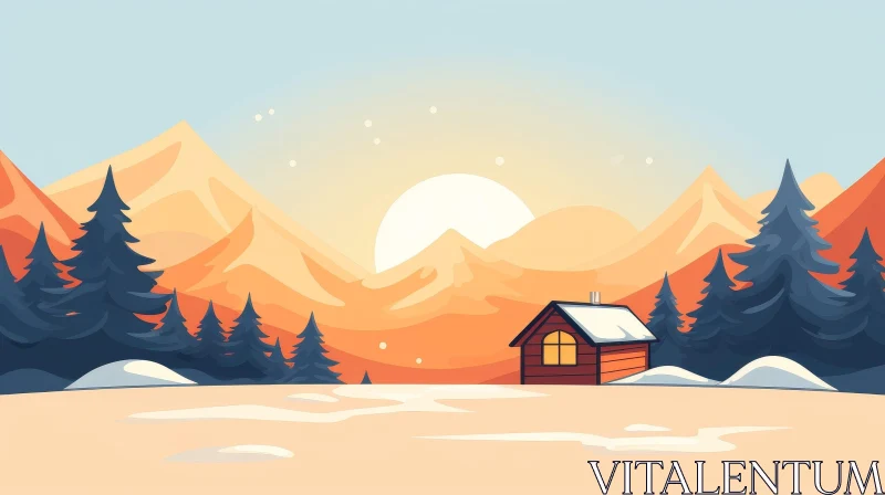Winter Wonderland: Serene Snowy Landscape with Cabin AI Image