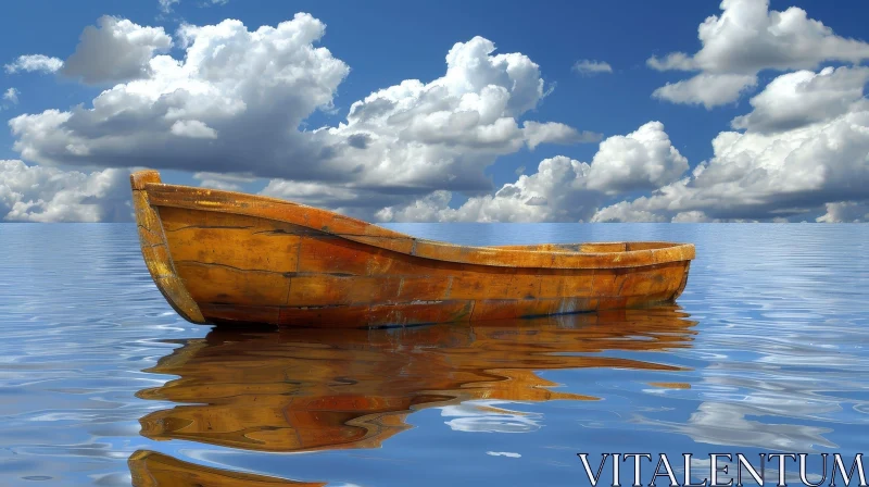 Wooden Boat Floating on Calm Sea - Serene Image AI Image