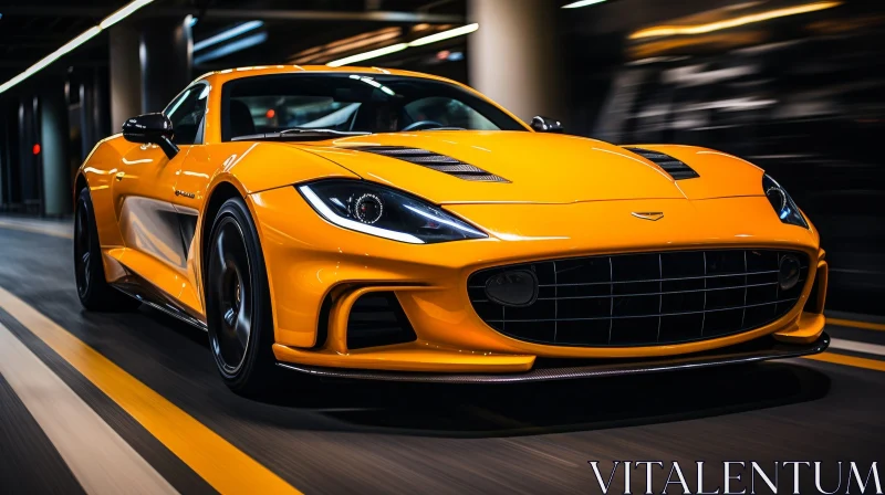 Yellow Sports Car Speeding Through Dark Tunnel AI Image