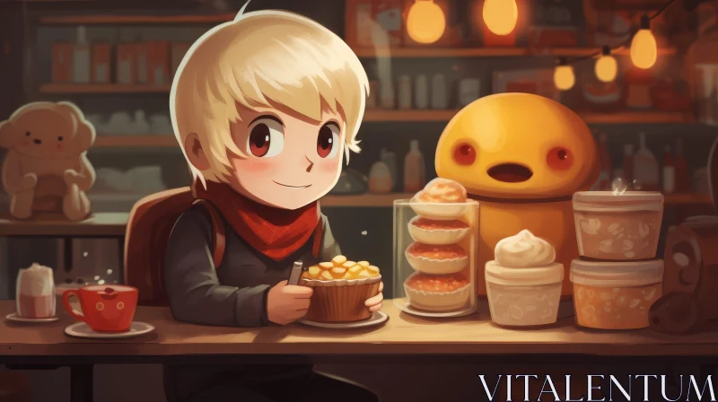 AI ART Cartoon Boy in Cafe with Coffee and Pastries