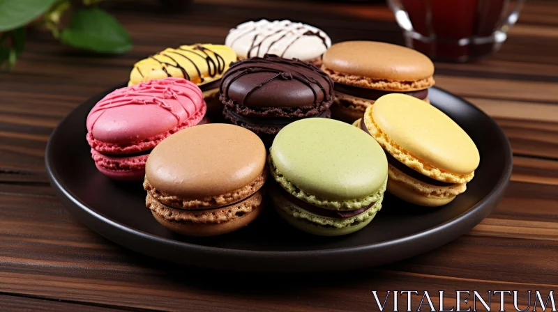 Colorful Macarons on Brown Plate | Wooden Table Setting AI Image