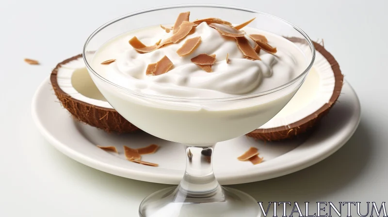 Delicious Yogurt with Coconut Shavings on White Plate AI Image